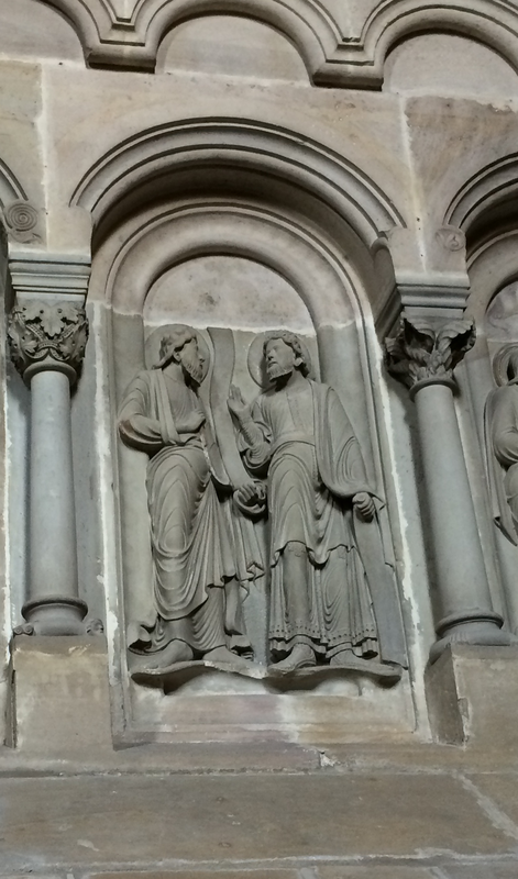 Image of medieval sculpture of two saints in discussion.  Image link to Analysis examples.