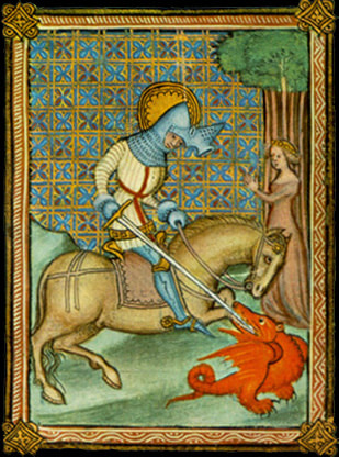 Medieval  Manuscript illustration of St. George slaying the dragon.  Image link to Implantation examples. 