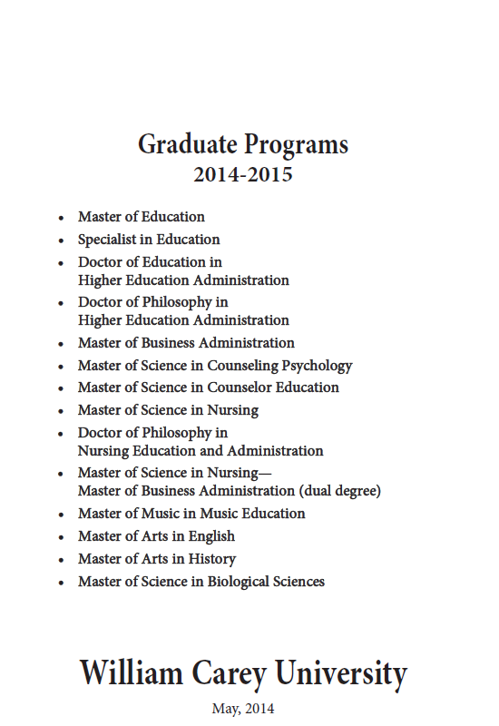 Image of program  page of William Carey University Gradate Catalog of 2014-2015.  Image link to select pages describing implemented graduate programs.