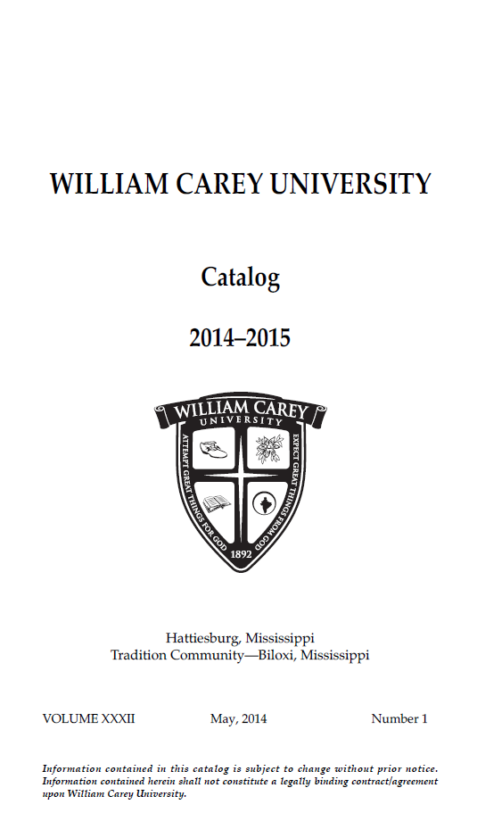 Image of cover page of William Carey University Catalog of 2014-2015.  Image link to select pages describing implemented undergraduate  programs. 